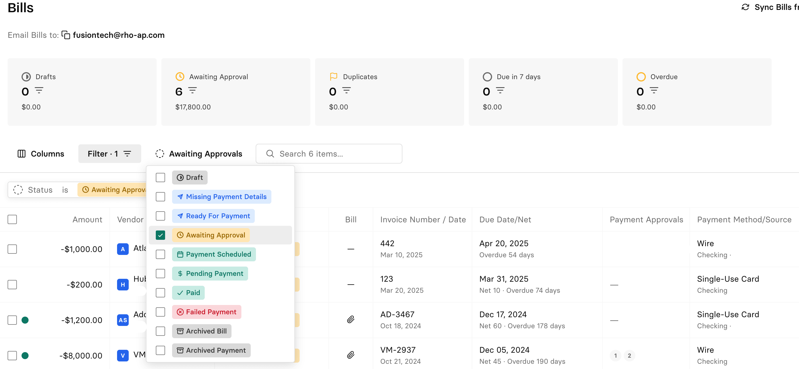 Bills table filtered to Awaiting Approval in Rho Bill Pay
