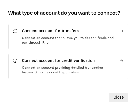 The What type of account do you want to connect dialog, offering an account for transfers or for credit verification